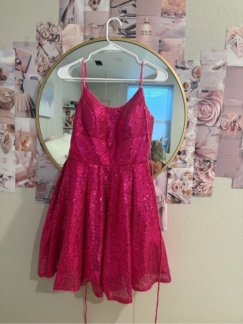 Girls Sequined Hot Pink Party Dress with Spaghetti Straps
